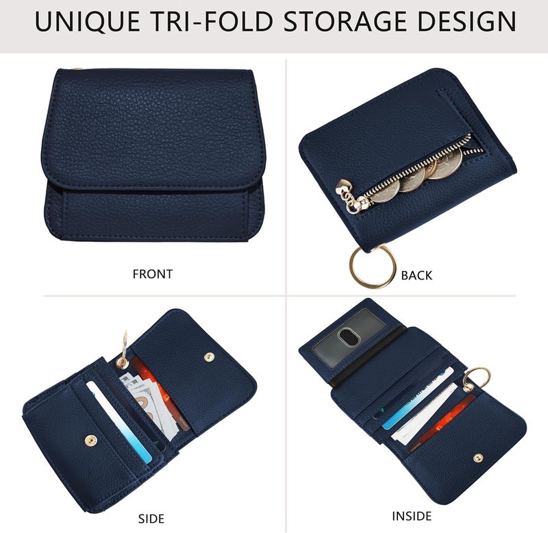 Sunpour Women Small Wallet RFID Blocking Slim Wallet with Coin Pocket Tri-Fold Credit Card Holder with ID Window and Keychain(Navy Blue) - Image 3